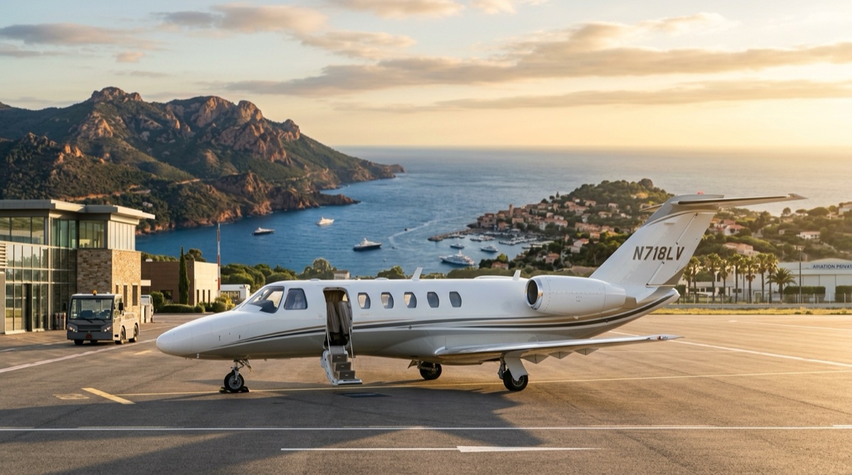 Light jet on a sunlit European apron with the Mediterranean coastline in the background, illustrating popular empty leg routes in Europe