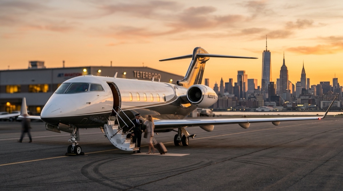 Light jet on a sunlit US ramp with the New York City skyline in the distance, illustrating popular empty leg routes in the United States