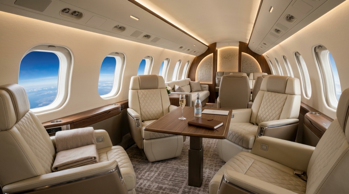 Heavy jet aircraft interior showing spacious long-range cabin with leather seating