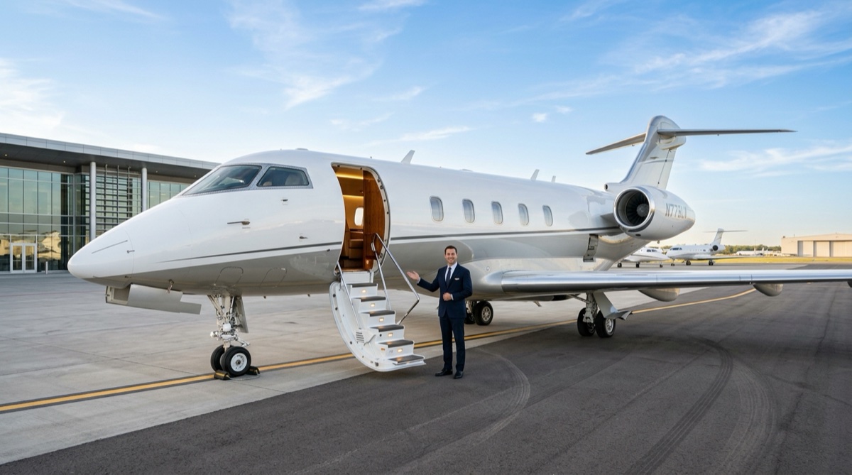 Midsize private jet on a sunny ramp with cabin door open, ready for departure