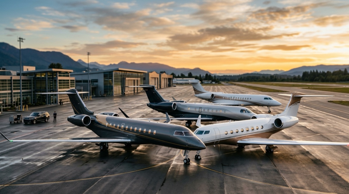 Luxury private jet charter aircraft on tarmac at international airport ready for boarding
