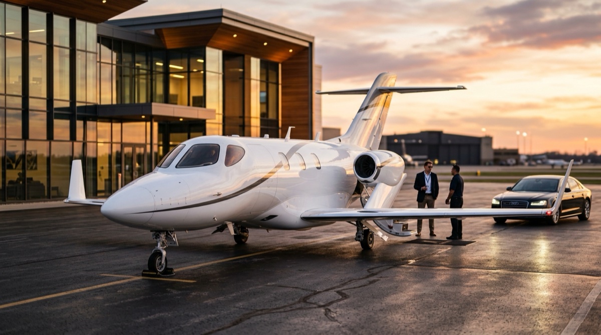 HondaJet Elite II small private jet parked on a private terminal ramp at dusk — best small private jets 2026