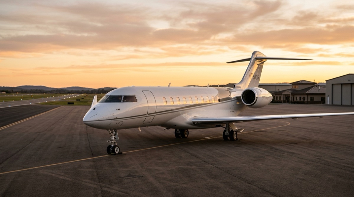 Bombardier Global 7500 private jet parked on tarmac at golden hour, Bombardier jets comparison hero