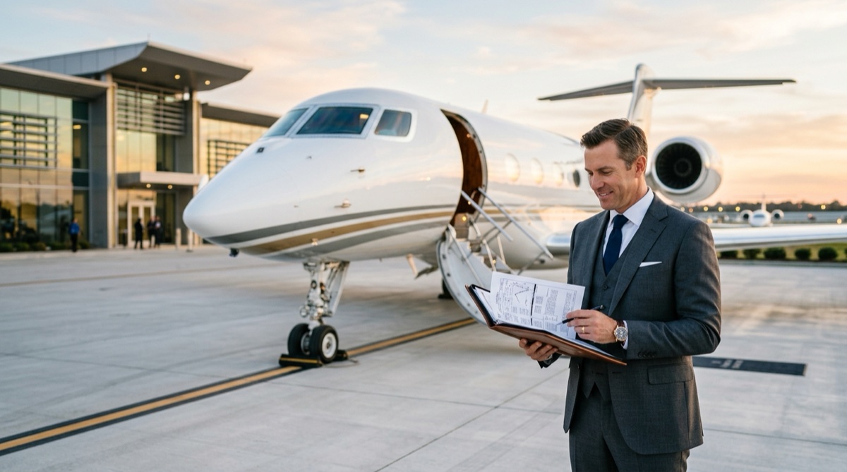 Luxury private jet on tarmac with aviation professional reviewing flight options
