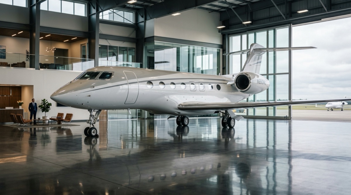 Private jet for sale parked in a hangar with showroom lighting, representing the cost to buy a private jet