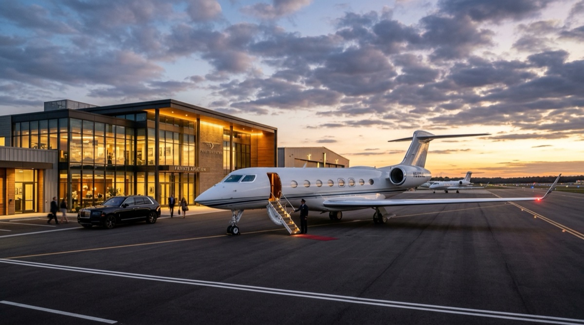 Luxury Gulfstream private jet parked at a premium FBO terminal ready for departure on a charter flight