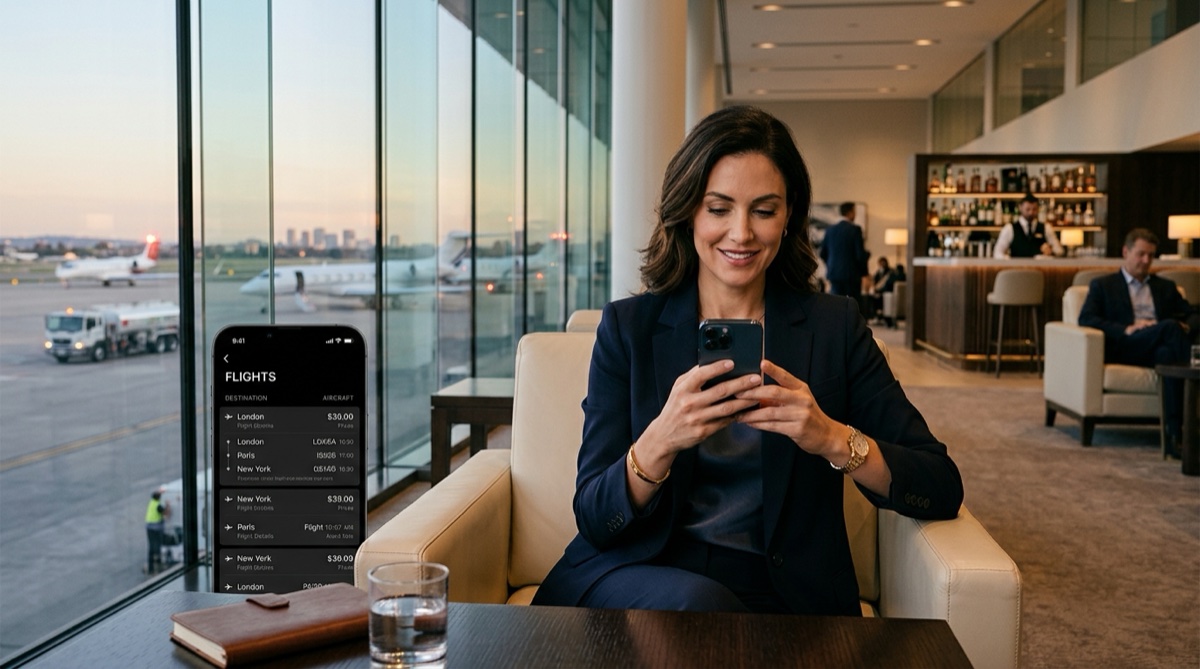 Smartphone app showing private jet empty leg flight listings with luxury aircraft in background