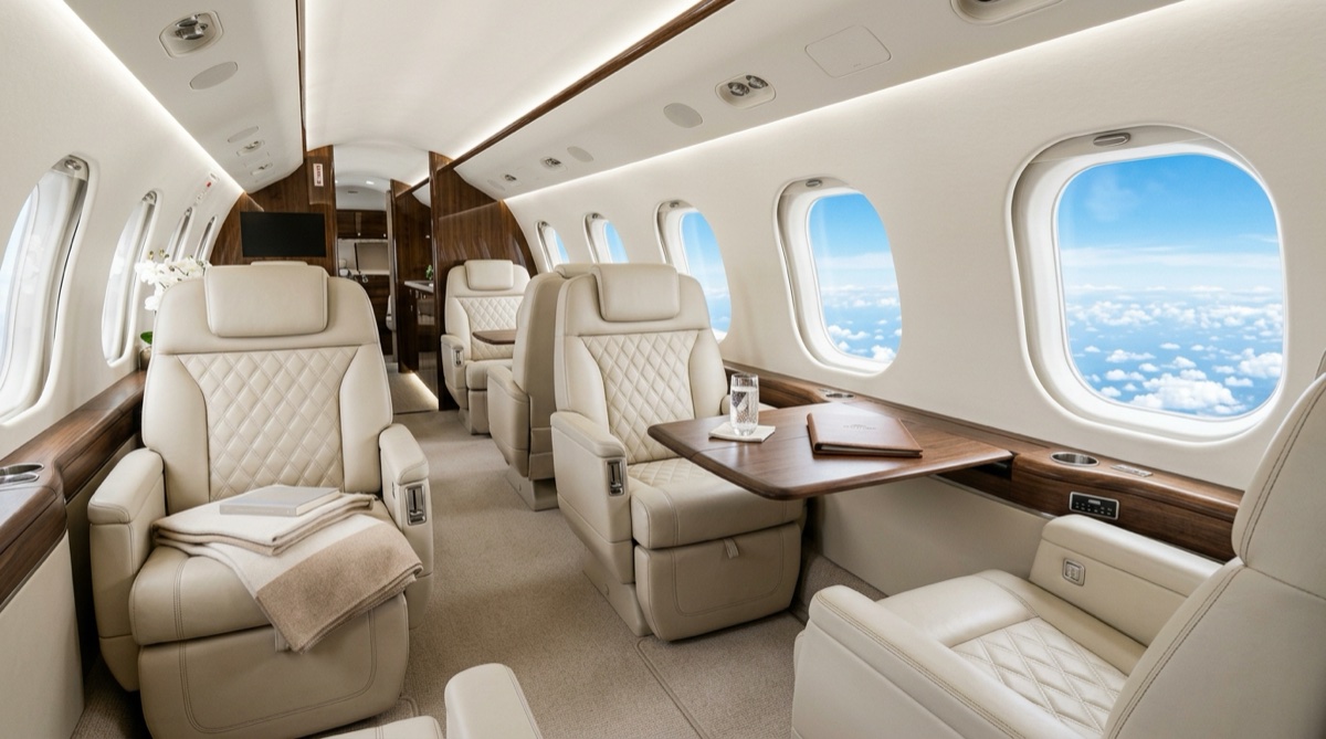 Luxury private jet cabin with leather seats showing an empty leg flight available at reduced price