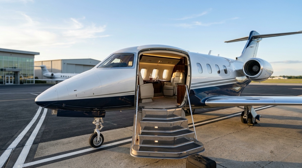 Luxury private jet on tarmac with empty cabin ready for an empty leg flight