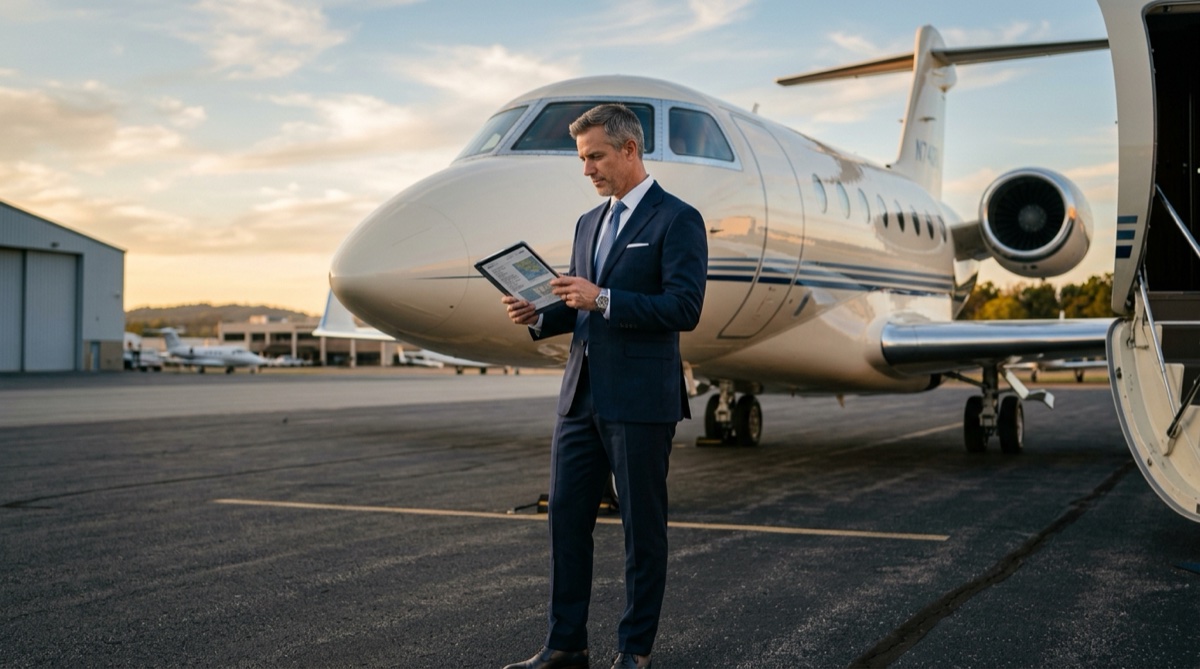Business traveler reviewing empty leg flight options near luxury private jet on tarmac at sunset