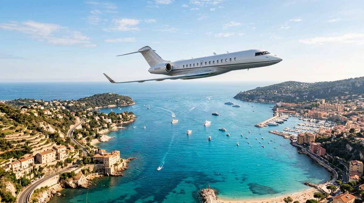 Private jet flying over European coastline