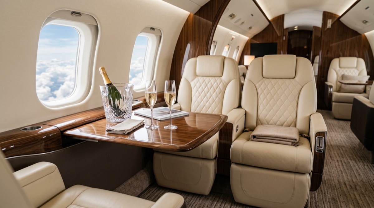Interior of a luxury private jet cabin
