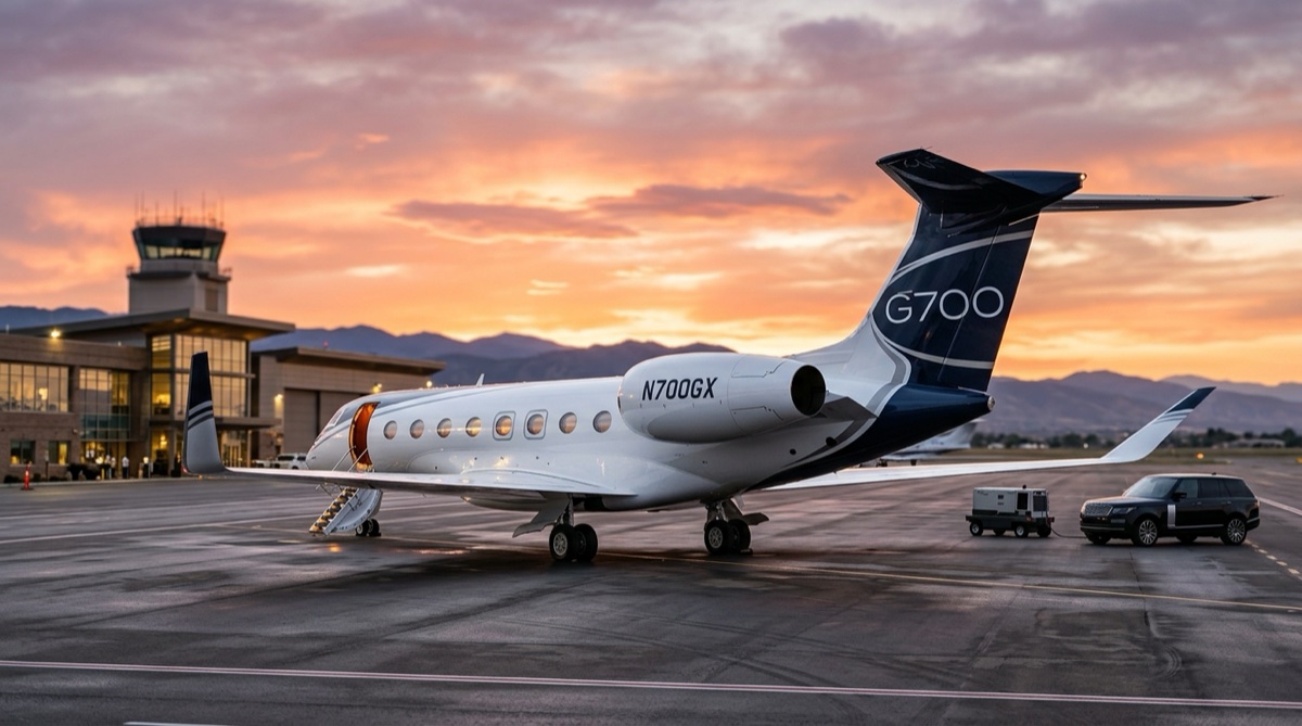 Gulfstream G700 private jet on airport ramp at dusk, luxury ultra long range aircraft