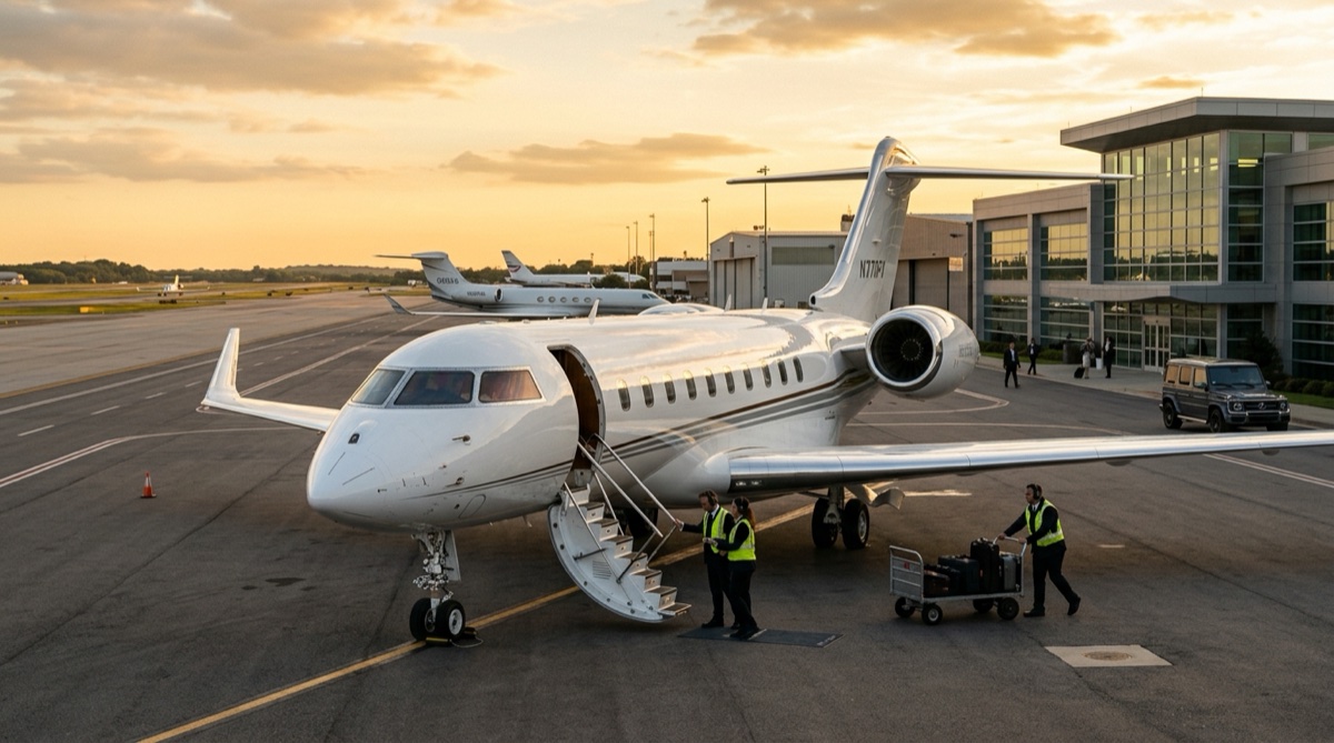 Luxury private jet on tarmac at sunset with ground crew and charter invoice concept