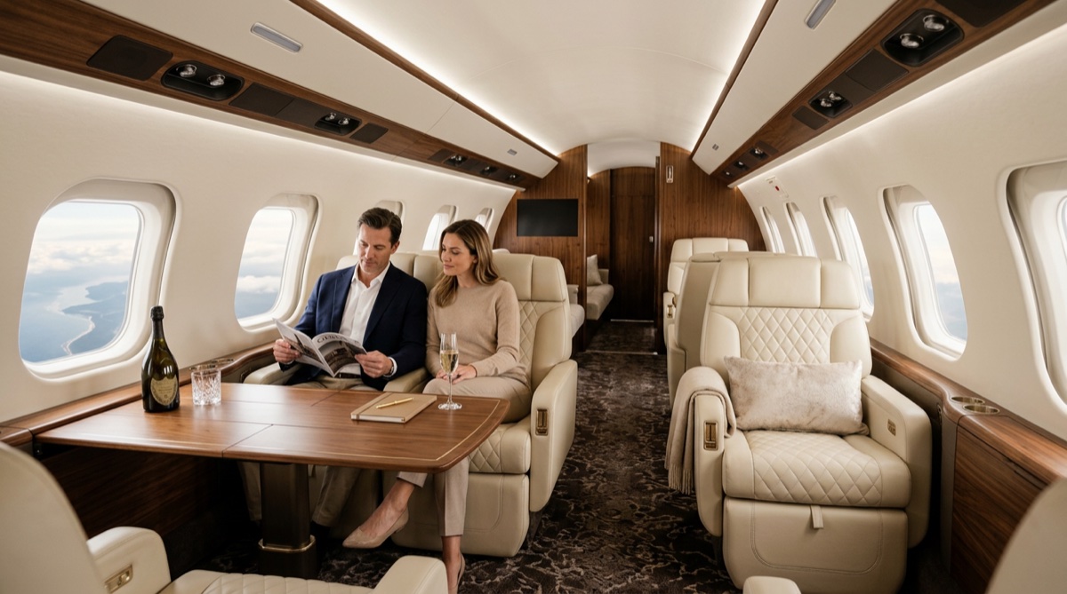Luxurious private jet cabin interior with leather seats — private jet charter cost guide 2026
