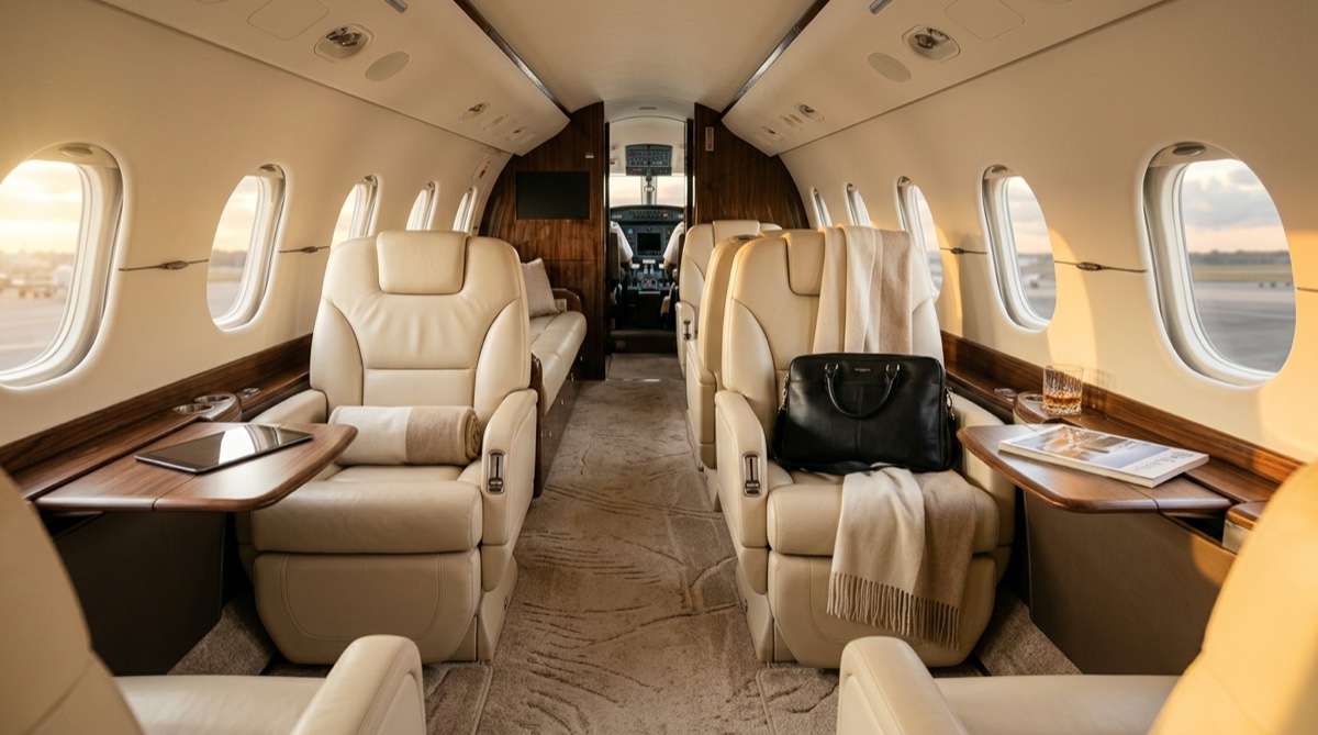 Luxury private jet interior with leather seats and wood paneling ready for an empty leg flight