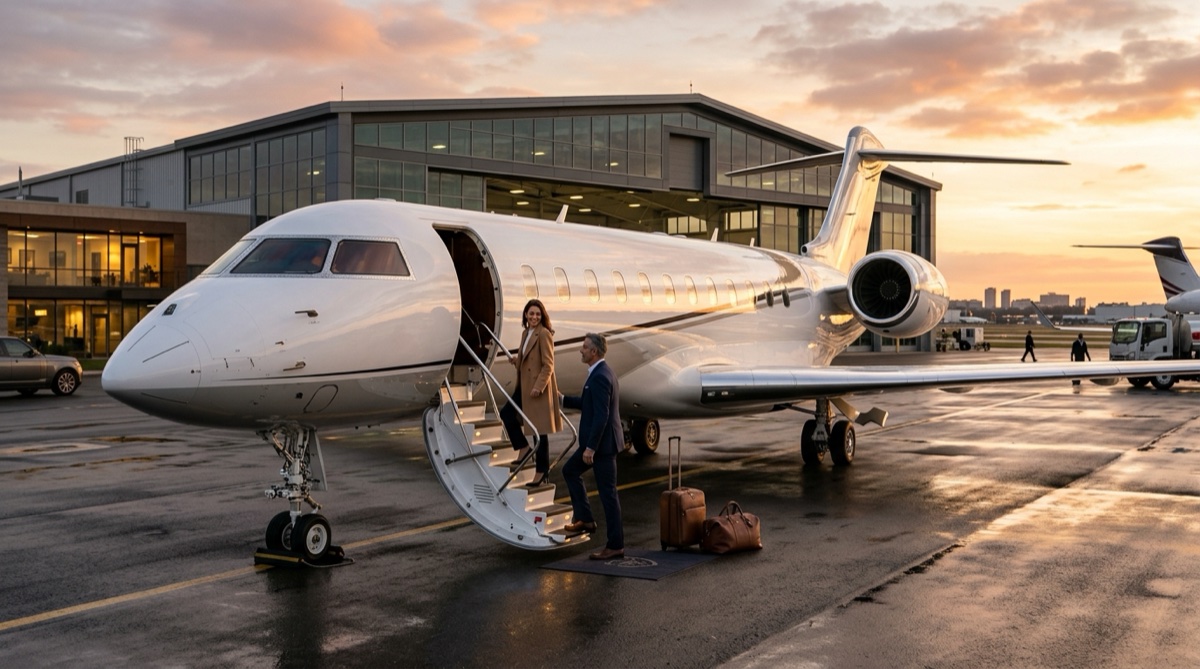 Cheap private jet charter price negotiation with luxury aircraft on runway at golden hour
