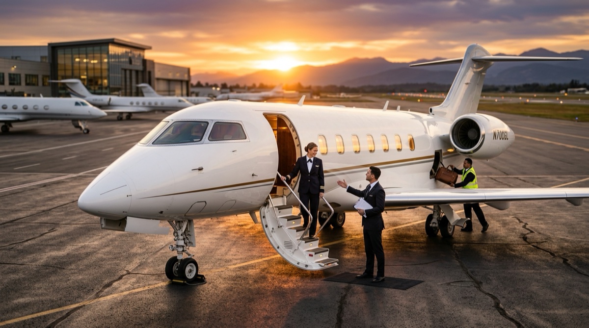 Sleek private jet on tarmac at golden hour ready for last minute private jet departure