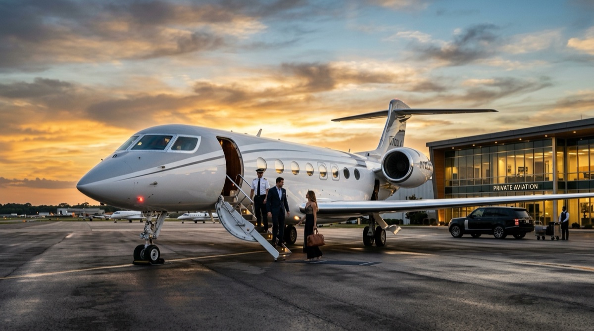 Brand new ultra-long range private jet on a runway at dusk, 2026 delivery