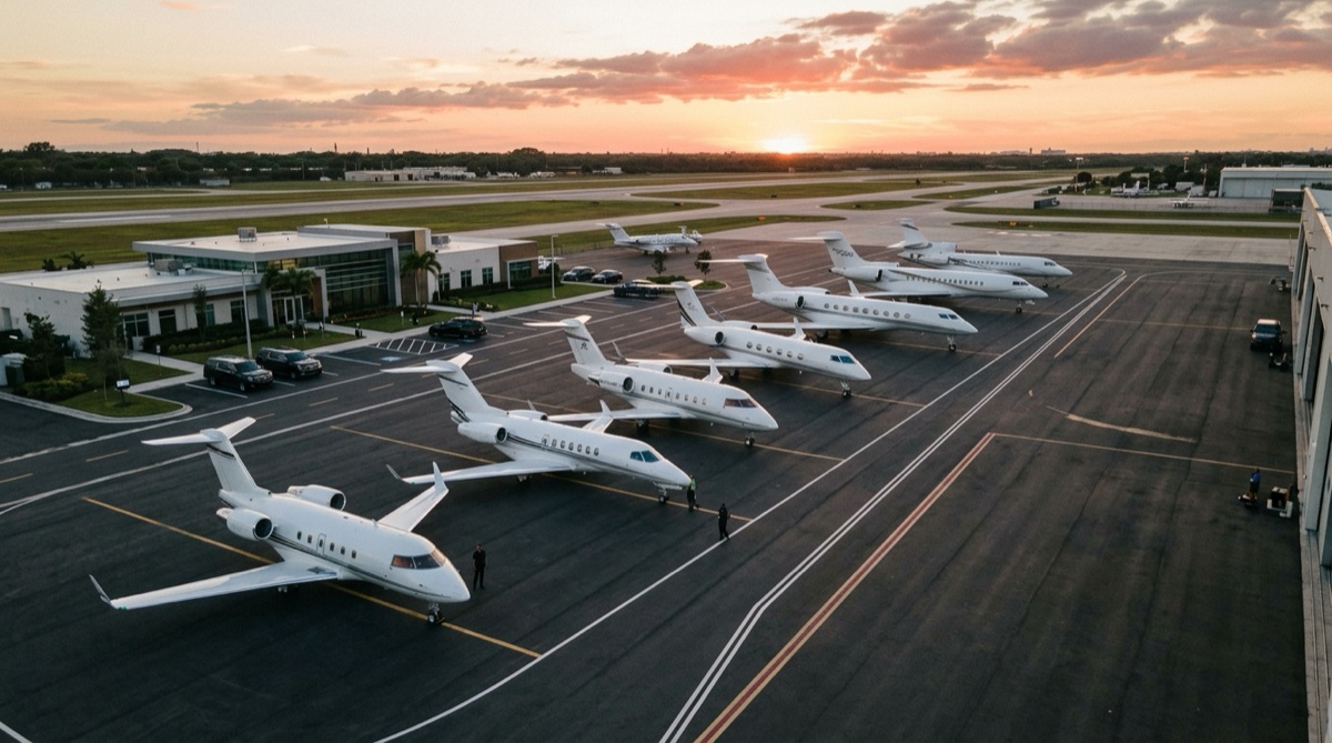 Private jets lined up on a luxury FBO ramp showing the scale of the private aviation market in 2026