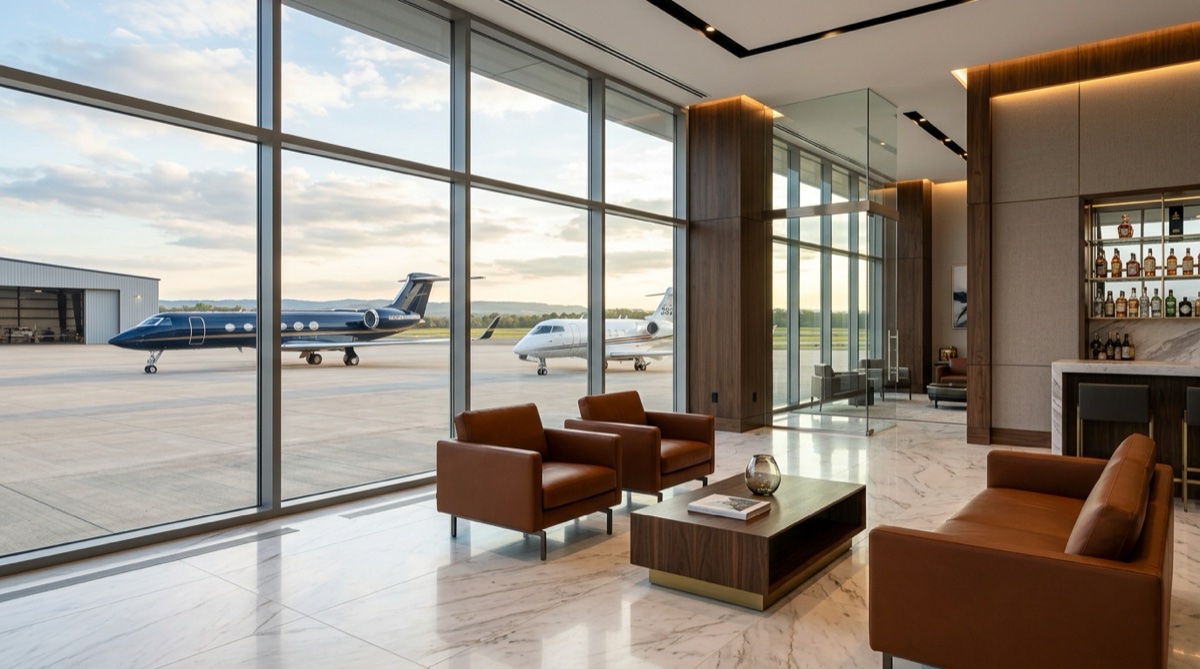 Luxury FBO private jet terminal lounge with floor-to-ceiling windows overlooking aircraft on tarmac