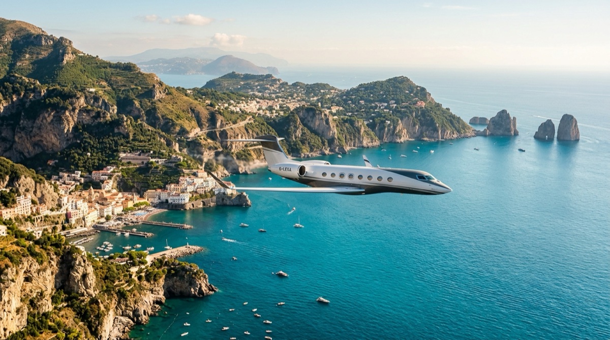 Private jet flying over the Amalfi Coast cliffs and Capri with turquoise Mediterranean water below