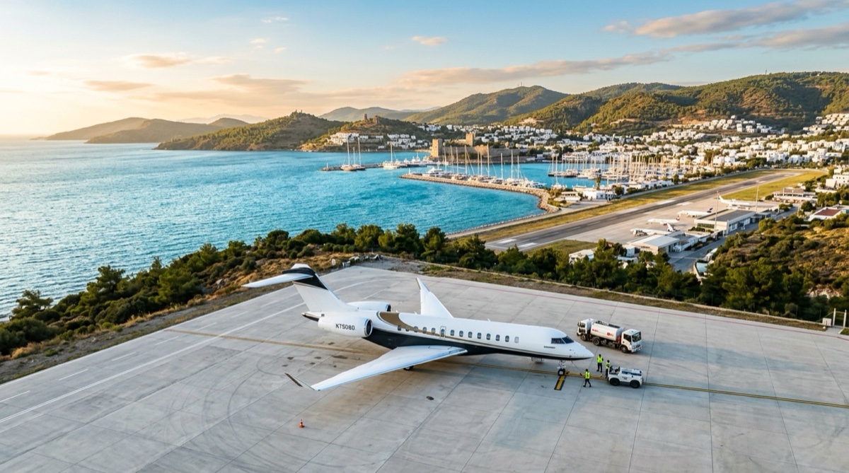 Private jet on the apron at Milas-Bodrum airport with the turquoise Aegean coast and white Bodrum marina behind