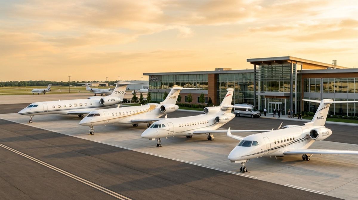 Lineup of private jets from leading brands parked on a sunlit ramp at a private aviation terminal