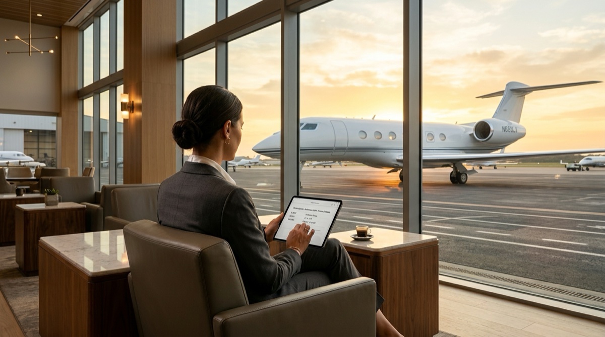 Private jet broker reviewing charter quotes with a Gulfstream visible through the FBO window