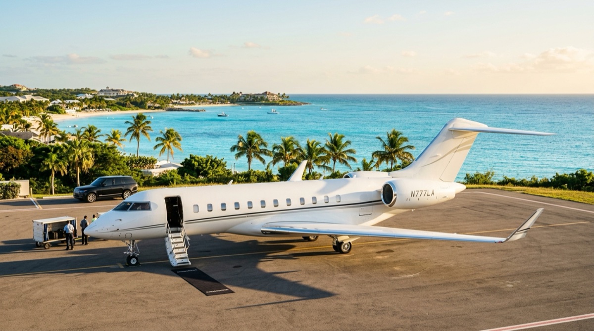 Private jet on a Caribbean tarmac with turquoise waters and palm trees in the background
