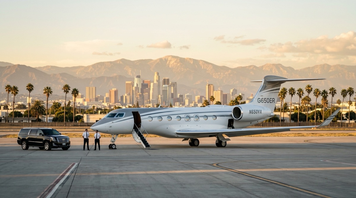 Private jet parked at a Van Nuys FBO at golden hour with the Los Angeles skyline and palm trees in the background