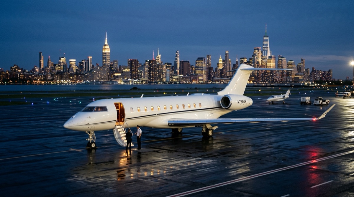 Private jet on the ramp at Teterboro Airport at dusk with the Manhattan skyline glowing across the Hudson River