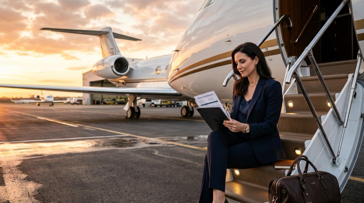 Private jet quote review with a luxury business jet on the tarmac at sunset