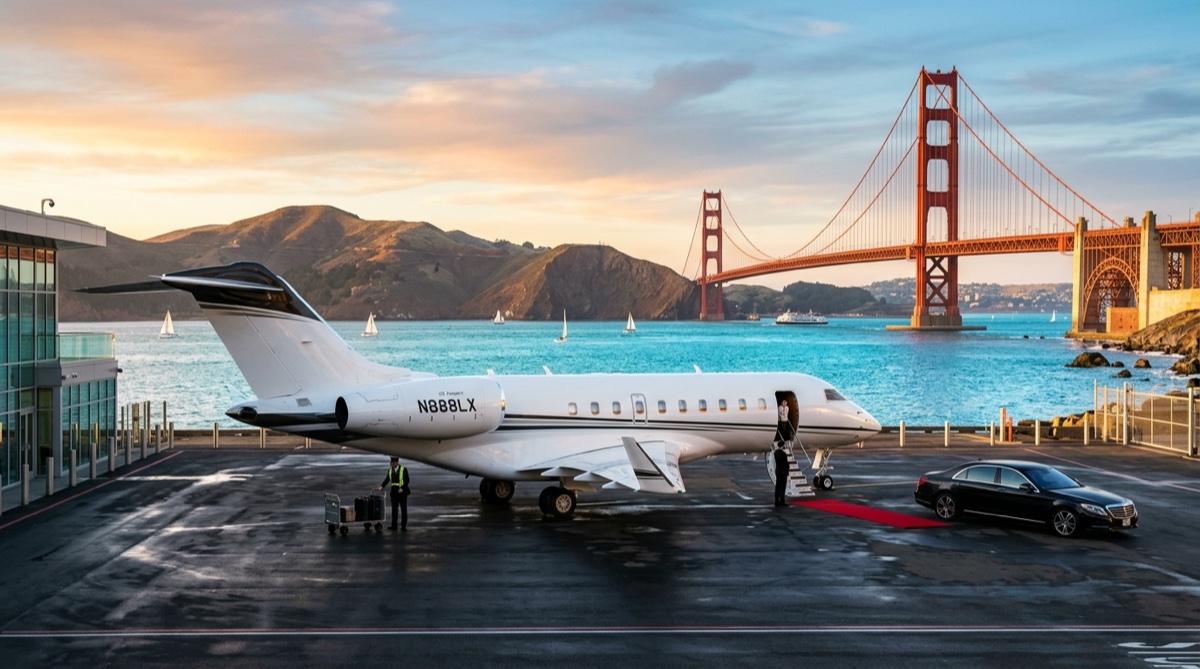 Private jet on the ramp at a San Francisco Bay Area FBO at golden hour with the Golden Gate Bridge and bay in the background