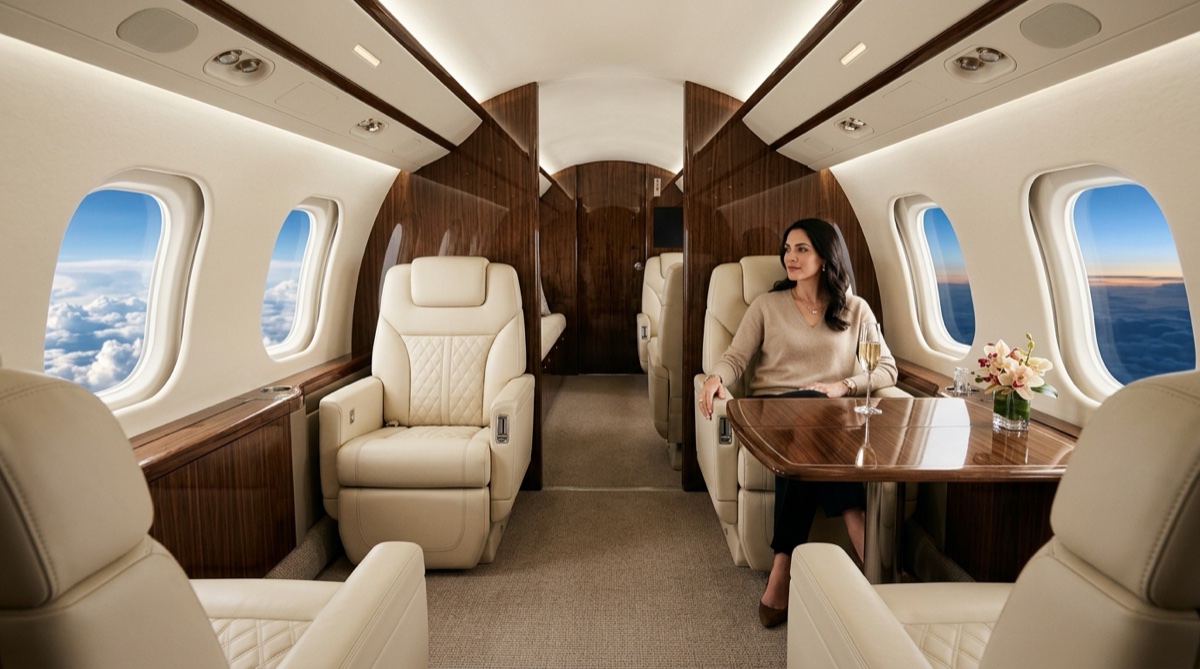 Luxury private jet cabin interior with leather seats and large windows at dusk
