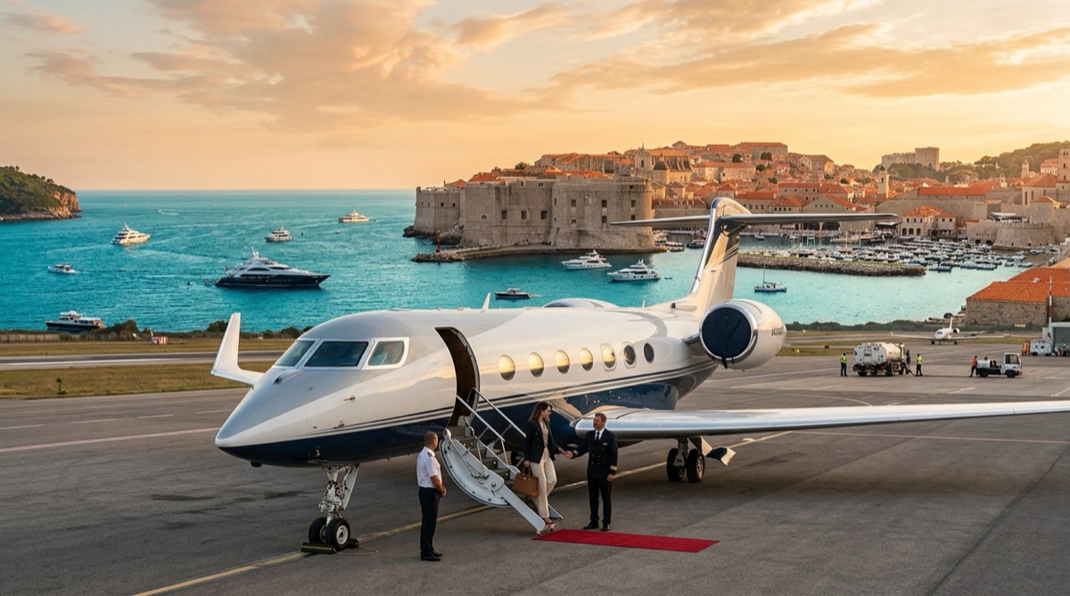 Private jet on the apron at Dubrovnik Airport at golden hour with the walled old town and the turquoise Adriatic coast in the distance