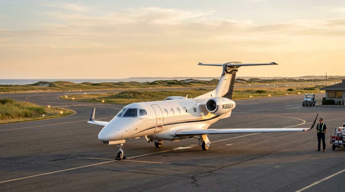 Private jet on the tarmac at East Hampton Airport with a backdrop of South Fork dunes