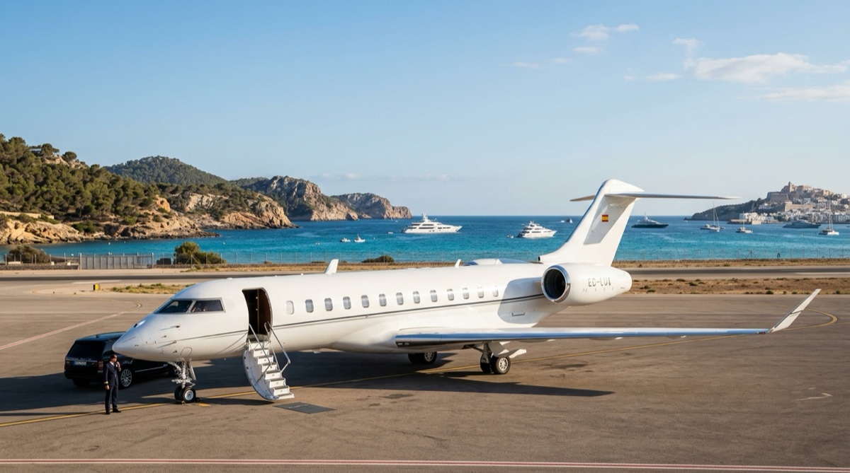 Private jet parked at Ibiza Airport with the Mediterranean sea and coastline in the background