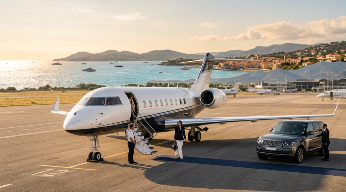 Private jet parked at Cannes-Mandelieu Airport with the French Riviera coastline in the background