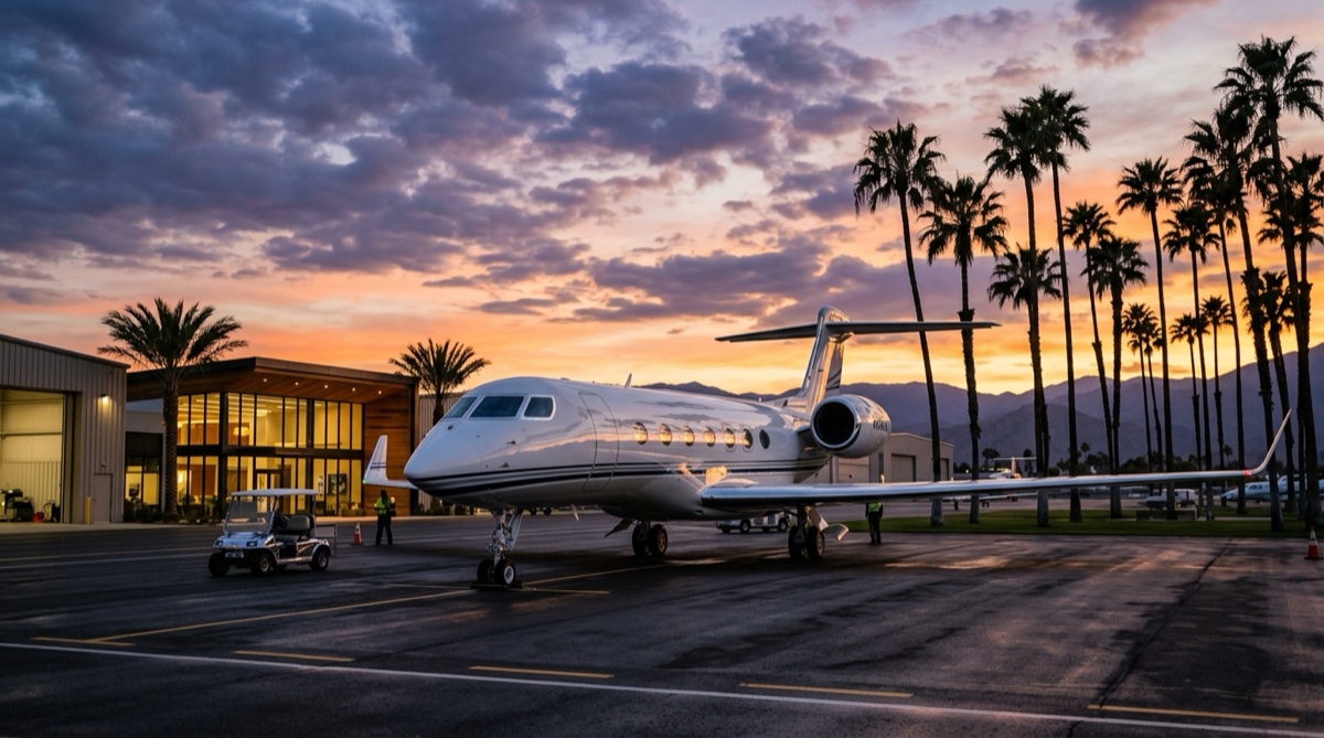 Private jet on the tarmac at Van Nuys Airport with Los Angeles skyline in the background