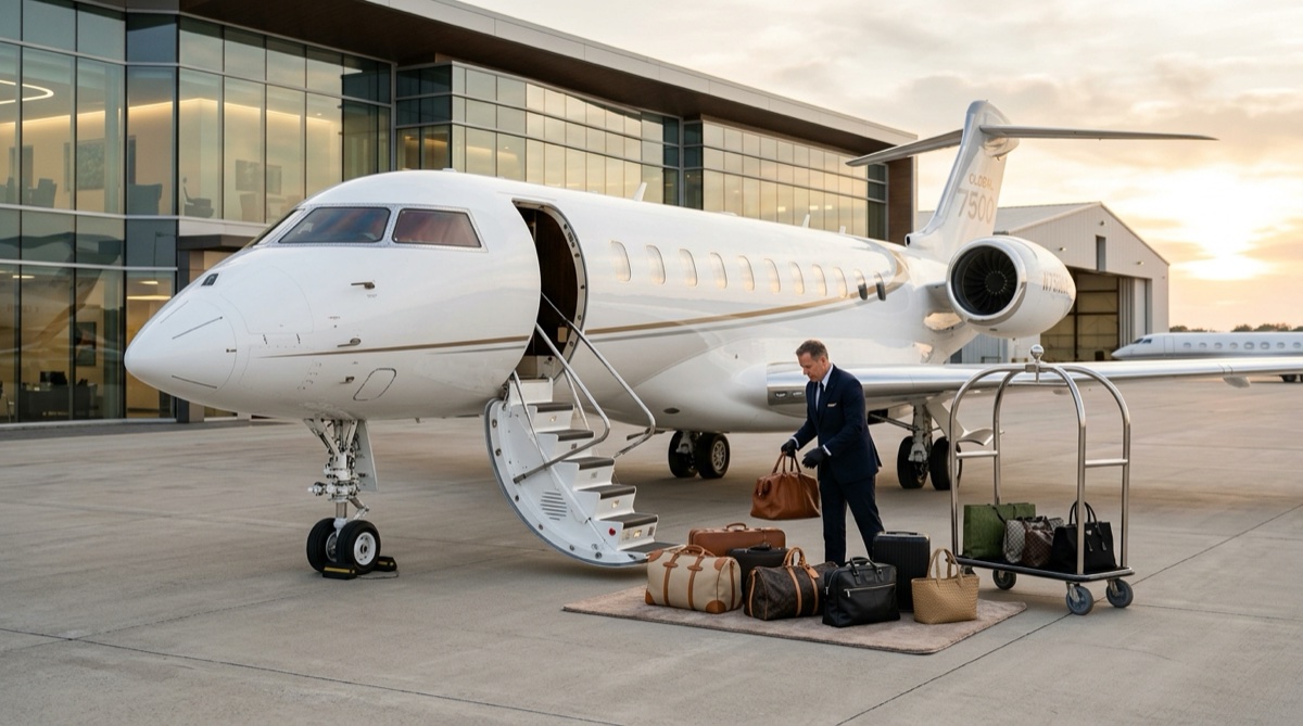 Luxury luggage being loaded onto a private jet at an FBO terminal