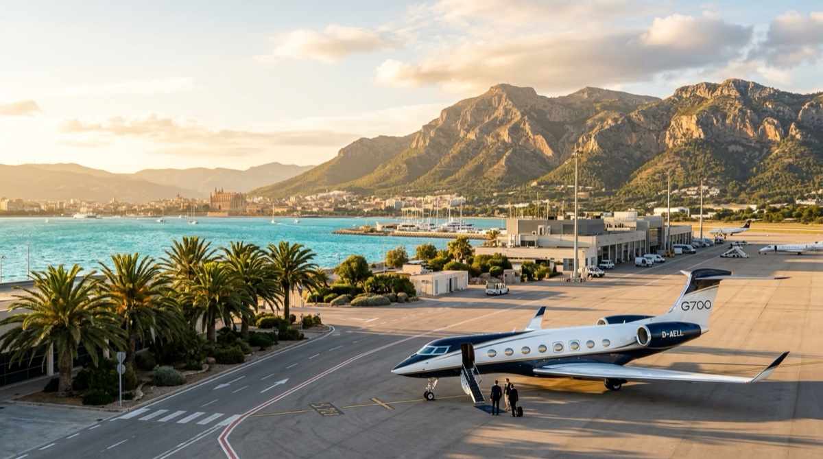 Private jet on the apron at Palma de Mallorca airport with the Tramuntana mountains and Mediterranean coast behind