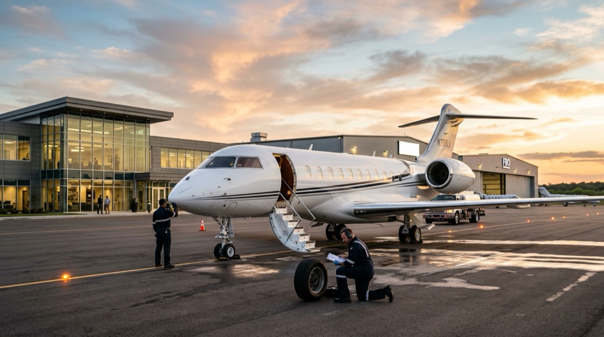 Private jet at FBO with ground crew performing pre-flight checks under professional aircraft management program