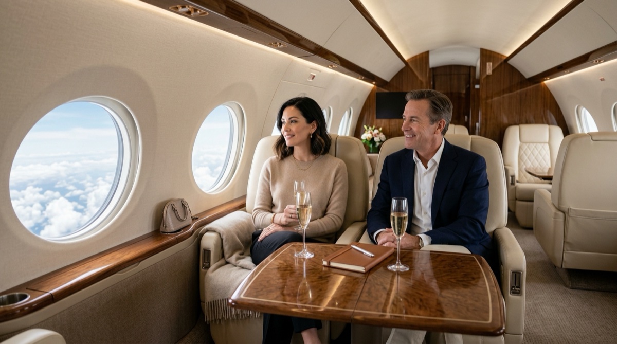 Luxury private jet cabin interior representing private jet membership programs with leather seating