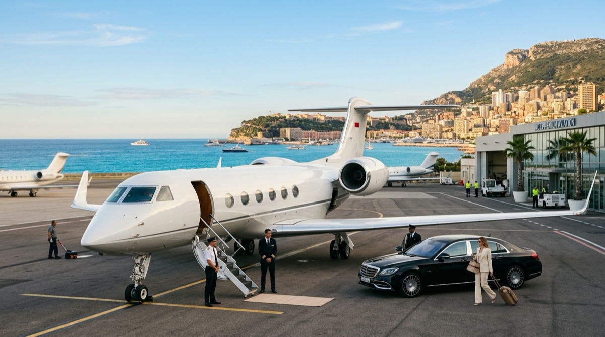 Private jet on tarmac at Nice Côte d'Azur Airport with French Riviera coastline in background