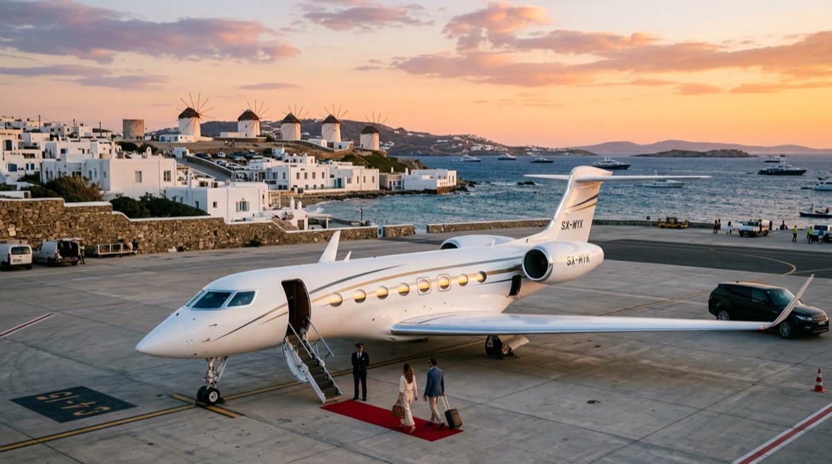 Private jet on the apron at Mykonos Airport at golden hour with the Aegean Sea and Cycladic windmills in the distance