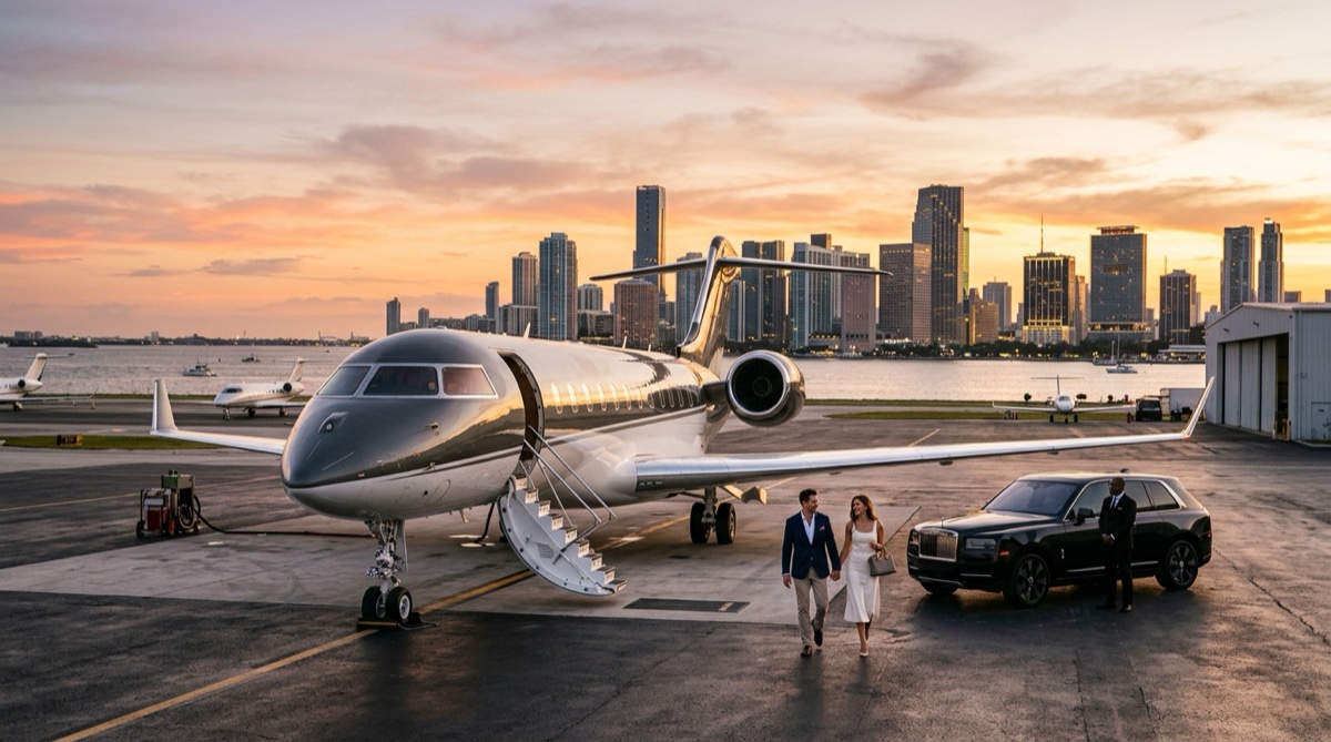 Private jet on the tarmac ready for departure on the New York to Miami route