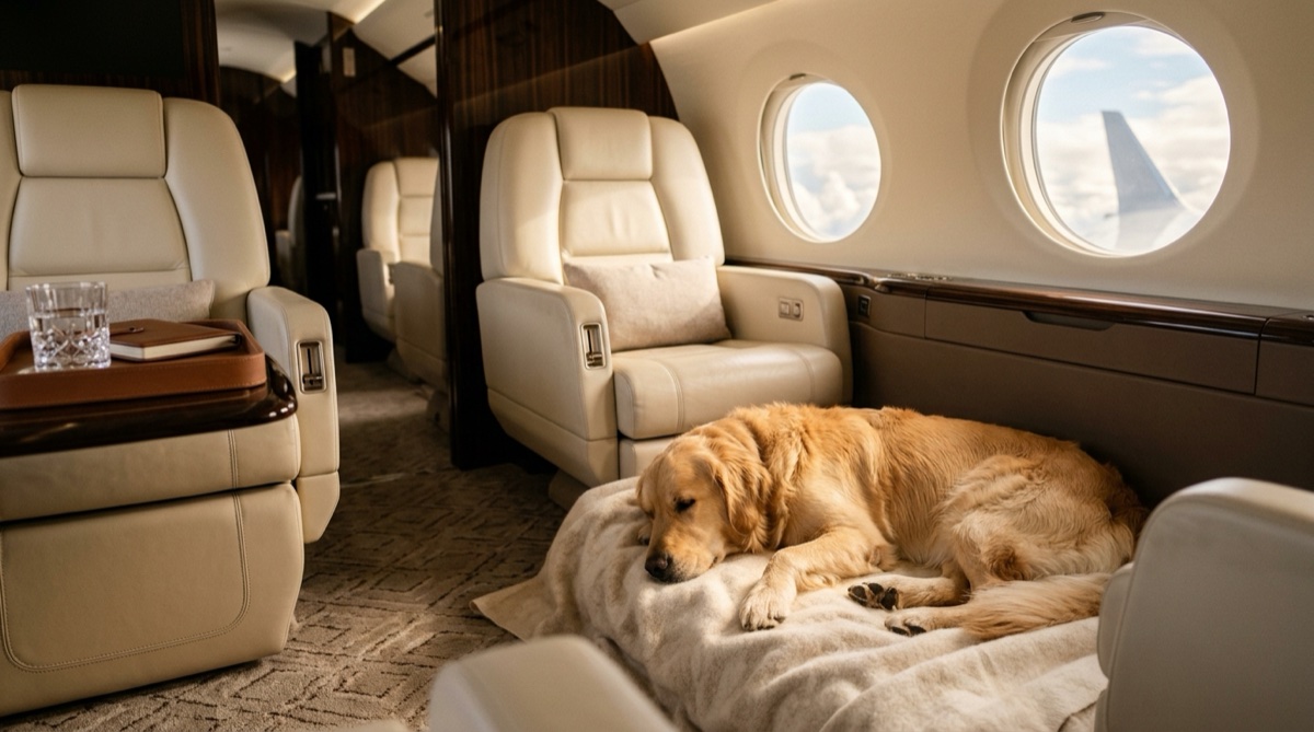 Large dog resting calmly in the cabin of a private jet during pet travel