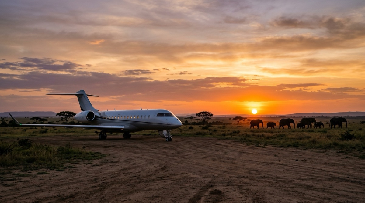 Private jet on a remote African bush airstrip at sunset with elephants in the background
