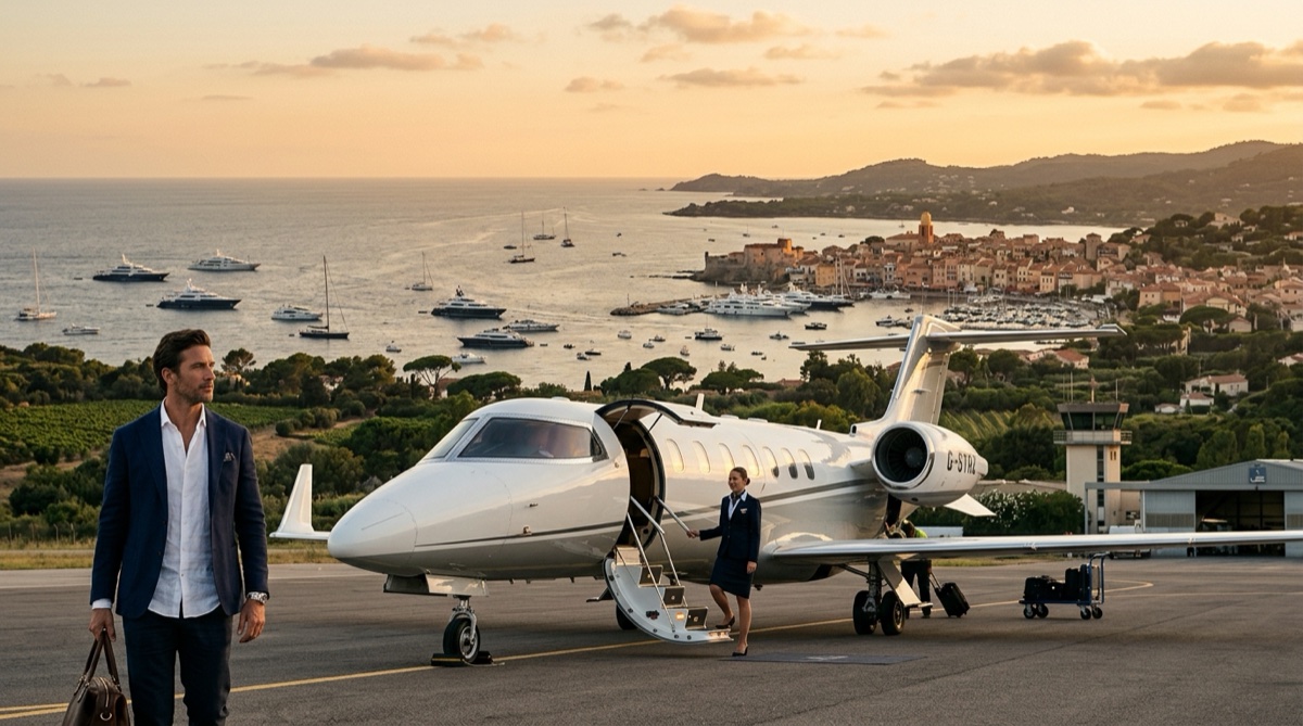 Private jet on the tarmac near Saint-Tropez with the Gulf of Saint-Tropez and superyachts in the background